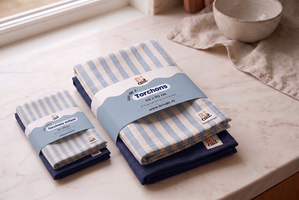 Lot de 2 torchons de cuisine enfant & adulte – Bleu à rayures