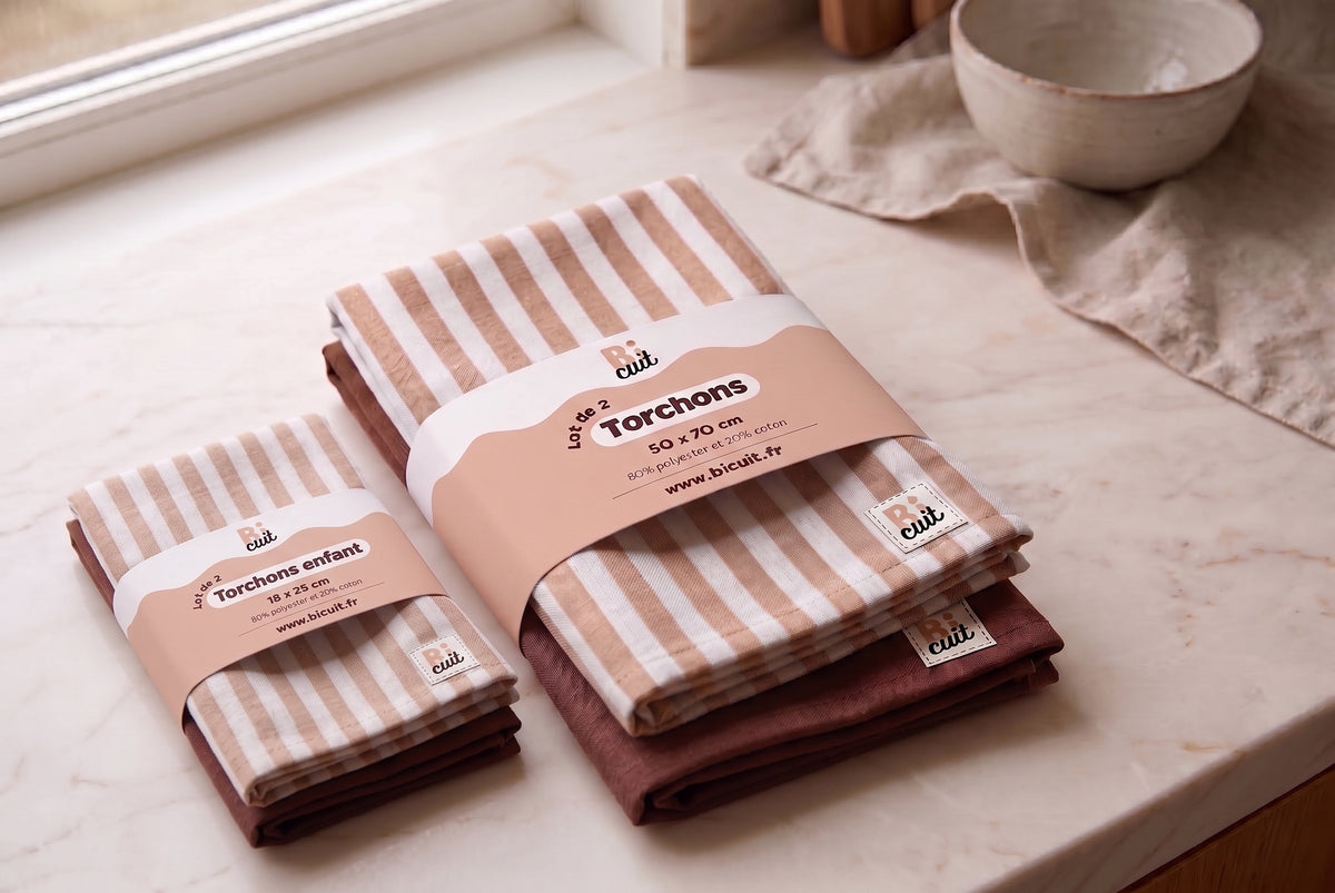 Lot de 2 torchons de cuisine enfant & adulte – Beige à rayures