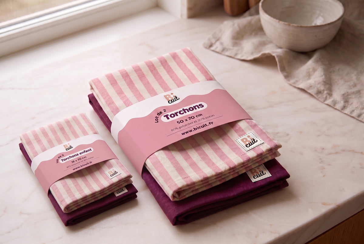 Lot de 2 torchons de cuisine enfant & adulte – Rose à rayures